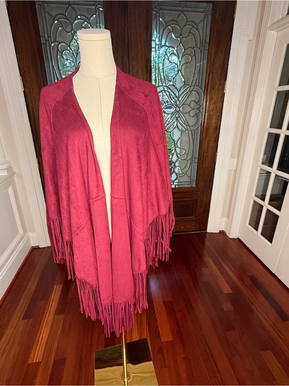 Garnet Fringe Open Front Cape in Faux Suede